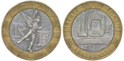 Франция 10 франков 1991 тип гений Бастилии KM 964.1, Le Frank 375.6 биметалл 45-833