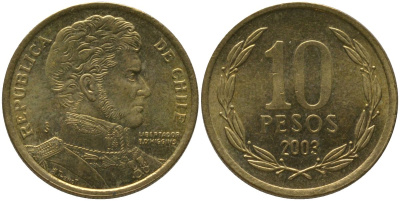 Чили 10 песо 2003 So KM 228.2, Schon 82 алюминиевая бронза aUNC 4544-725