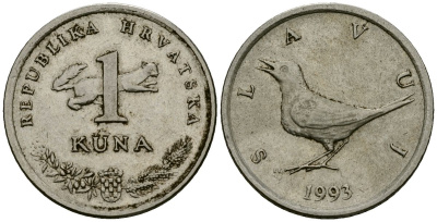 Хорватия 1 куна 1993 западный соловей, легенда на хорватском KM 9.1 медно-никель 4138-517