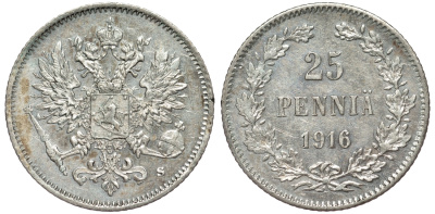 Россия для Финляндии 25 пенни 1916 S, Николай II (1894-1917) KM 6.2, Биткин 421 серебро 75-1333