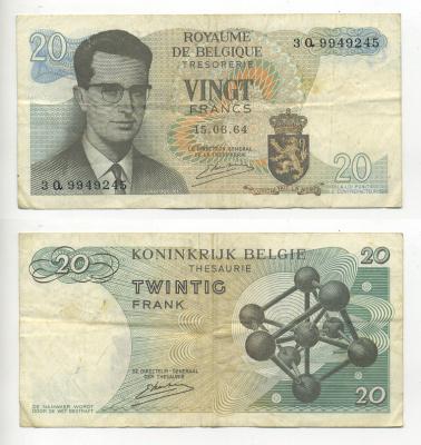 Бельгия 20 франков 1964 Бодуэн I, атомиум, Kestens Pick 138 (3) бумага 6280-14-2-1