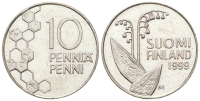 Финляндия 10 пенни 1999 KM 65 медно-никель UNC 4617-1141