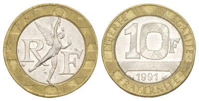 Франция 10 франков 1991 KM 964.1, Le Frank 375.6 биметалл 4629-647