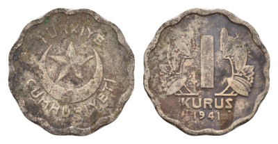 Турция 1 куруш 1941 KM 867 медно-никель 45-456