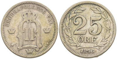 Швеция 25 эре 1896 EB, Оскар II (1872-1907) король Швеции и Норвегии KM 739 (531) серебро 3309-846