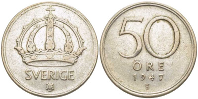 Швеция 50 эре 1947 TS, Густав V (1907-1950) KM 817 серебро 119-1045