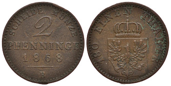 Пруссия 2 пфеннига 1868 B, Вильгельм I (1861-1888) KM 481, Jaeger 51, AKS 107, Olding 425 медь 3 186-622