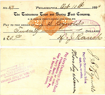 США чек на 20 долларов 1899 Филадельфия бумага 3295-9-1-1