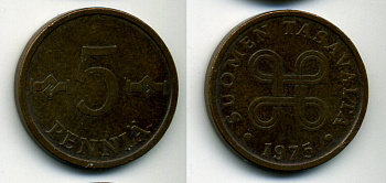 ФИНЛЯНДИЯ 5 ПЕННИ 1975 KM 45 медь 61-1217