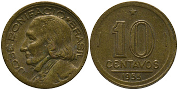 Бразилия 10 сентаво 1955 Жозе Бонифасиу де Андрада и Силва KM 561, Schon 66 алюминиевая бронза 4567-923