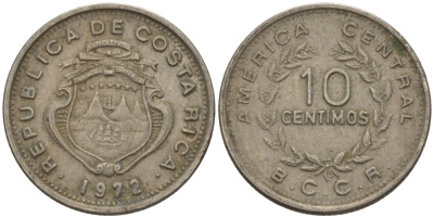КОСТА-РИКА 10 СЕНТИМО 1972 g KM 185.3 медно-никель 66-549