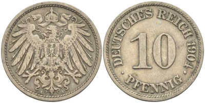 ГЕРМАНИЯ 10 ПФЕННИГОВ 1904 A KM 12, J. 13 медно-никель 34-246