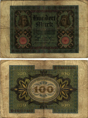 Германия 100 марок 1920 Бамбергский всадник, 8 цифр в номере, буква J Pick 69 b, Розенберг 69b бумага 8609-58-1