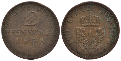 Пруссия 2 пфеннига 1868 B, Вильгельм I (1861-1888) KM 481, Jaeger 51, AKS 107, Olding 425 медь 3 186-622