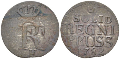 Польша, Восточная Пруссия 1 солид 1782 Е, Фридрих II Прусский (1740-1786), вес 0,67 гр., монетный двор Кенигсберг KM 6b, Olding 238 серебро 1517-1241