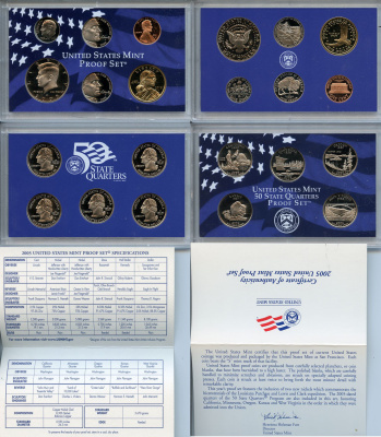 США официальный набор из 10 монет, в 2 пластиковых сетах 2005 годовой набор и юбилейные монет 25 центов, в оригинальной коробке, сертификат KM PS 216   PROOF  8-2-04-31