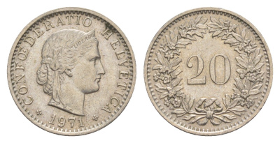 Швейцария 20 раппенов 1971 KM 29a медно-никель 4625-1167