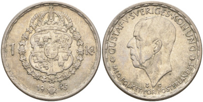 Швеция 1 крона 1944 G, Густав V (1907-1950) KM 814 серебро 4148-1021