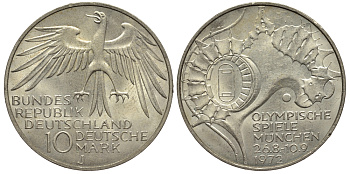 ФРГ 10 МАРОК 1972 J, ОЛИМПИАДА, СТАДИОН KM 133, J.404 серебро UNC 413-4843