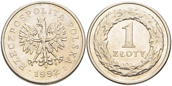 ПОЛЬША 1 ЗЛОТЫЙ 1992 MW KM 282 медно-никель 51-755