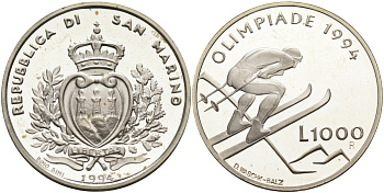 Сан-Марино 1000 лир 1994 XVII зимние Олимпийские игры в Лиллехаммере, слалом KM 316 серебро PROOF 1096-3-65