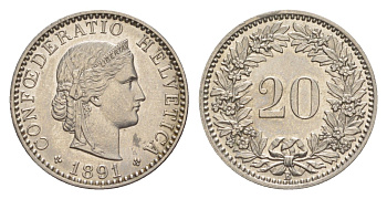 Швейцария 20 раппенов 1891 KM 29 никель aUNC 4632-463