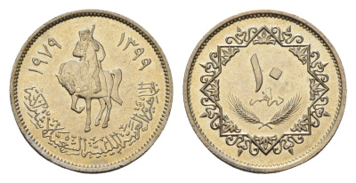 Ливия 10 дирхамов 1979 год-тип KM 20 сталь плакированная никелем UNC 4679-448