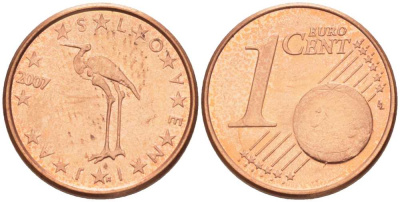 СЛОВЕНИЯ 1 ЕВРОЦЕНТ 2007 БЕЛЫЙ АИСТ KM 68 сталь плакированная медью UNC 214-416