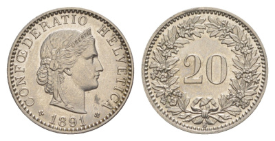 Швейцария 20 раппенов 1891 KM 29 никель aUNC 4632-463