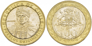 Чили 100 песо 2008 индейцы Мапуче KM 236 биметалл 4541-123