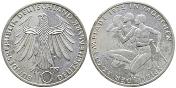 ФРГ 10 марок 1972 F, XX летние Олимпийские Игры, Мюнхен 1972, спортсмены KM 132, J.403 серебро UNC 443-344