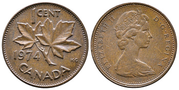 Канада 1 цент 1974 Елизавета II (1952-2022), кленовый лист KM 59.1 бронза 177-1235