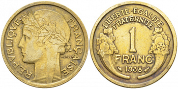 ФРАНЦИЯ 1 ФРАНК 1938 ТИП MORLON KM 885, LE FRANC 219.9 алюминиевая бронза 4402-853