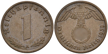 Германия 1 рейхспфенниг 1939 A KM 89, J. 361 бронза 4147-1136