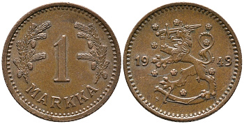 ФИНЛЯНДИЯ 1 МАРКА 1943 KM 30а медь 34-1046