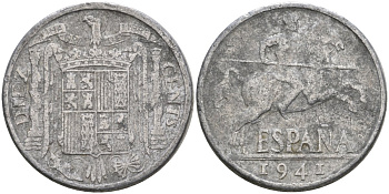 Испания 10 сентимо 1941 Франсиско Франко (1939-1975) KM 766 алюминий 4604-514