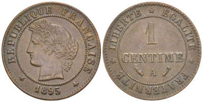 ФРАНЦИЯ 1 САНТИМ 1895 А, ТРЕТЬЯ РЕСПУБЛИКА (1871-1940) KM 826.1, LE FRANC 104.22 бронза 201-837