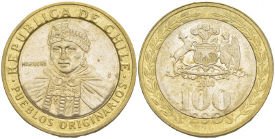 Чили 100 песо 2008 индейцы Мапуче KM 236 биметалл 4541-123