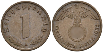 Германия 1 рейхспфенниг 1939 A KM 89, J. 361 бронза 4147-1136
