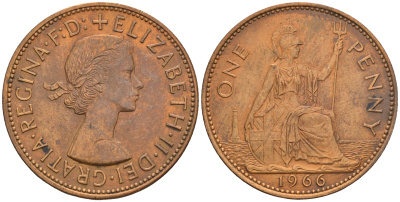 Великобритания 1 пенни 1966 Елизавета II (1952-2022) KM 897, Spink 4157 бронза 4607-1246