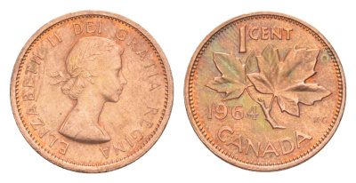 Канада 1 цент 1964 Елизавета II (1952-2022), кленовый лист KM 49 бронза 4639-325