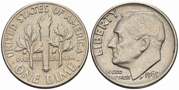 США 10 ЦЕНТОВ = 1 ДАЙМ 1969 РУЗВЕЛЬТ KM 195а медь плакированная медно-никелем 105-652