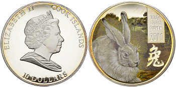 Острова Кука 10 долларов 2011 год Кролика, цветная эмаль, в оригинальной деревянной коробке,с сертификатом, вес 100 гр. Тир. 5000 зкз. KM NEW серебро PROOF 4-3-3-21