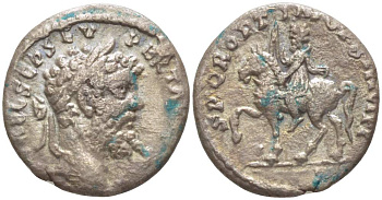 Римская Империя денарий 194 - 195 Септимий Север, IMP CAE L SEP SEV PERT AVG COS II, бюст императора / S P Q R OPTIMO PRINCIPI, император на коне, Эмесса, 2,53 гр RIC 415 серебро 1073-18-101