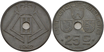 Бельгия 25 сантимов 1942 Belgique - Belgie, Леопольд III (1934-1947), германская оккупация, Вторая мировая война KM 131 цинк 4157-432