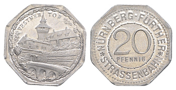 Нюрнберг трамвайный (транспортный) жетон в 20 пфеннигов ND (1920-1921) Вестнерские ворота Men05 19256.43, Men18 24102.43 алюминий UNC 4638-325