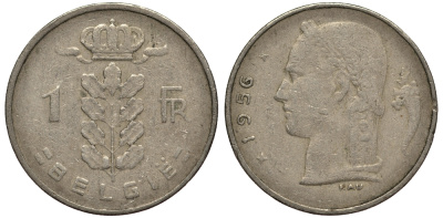 БЕЛЬГИЯ 1 ФРАНК 1956 BELGIE KM 143.1 медно-никель 4182-217