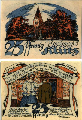 КЛЮЦ 25 ПФЕННИГОВ 1922 НОТГЕЛЬД, 1922 - 31 МАЯ 1922, МЕКЛЕНБУРГ-ПЕРЕДНЯЯ ПОМЕРАНИЯ Grabowski 709.1 бумага 7547-100-1-3