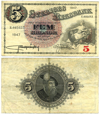 Швеция 5 крон 1947 король Густав I Pick 33ad бумага 444-113-2-1