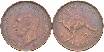 Австралия 1 пенни 1952 m, Георг VI (1937-1952), кенгуру KM 43 бронза 4403-936